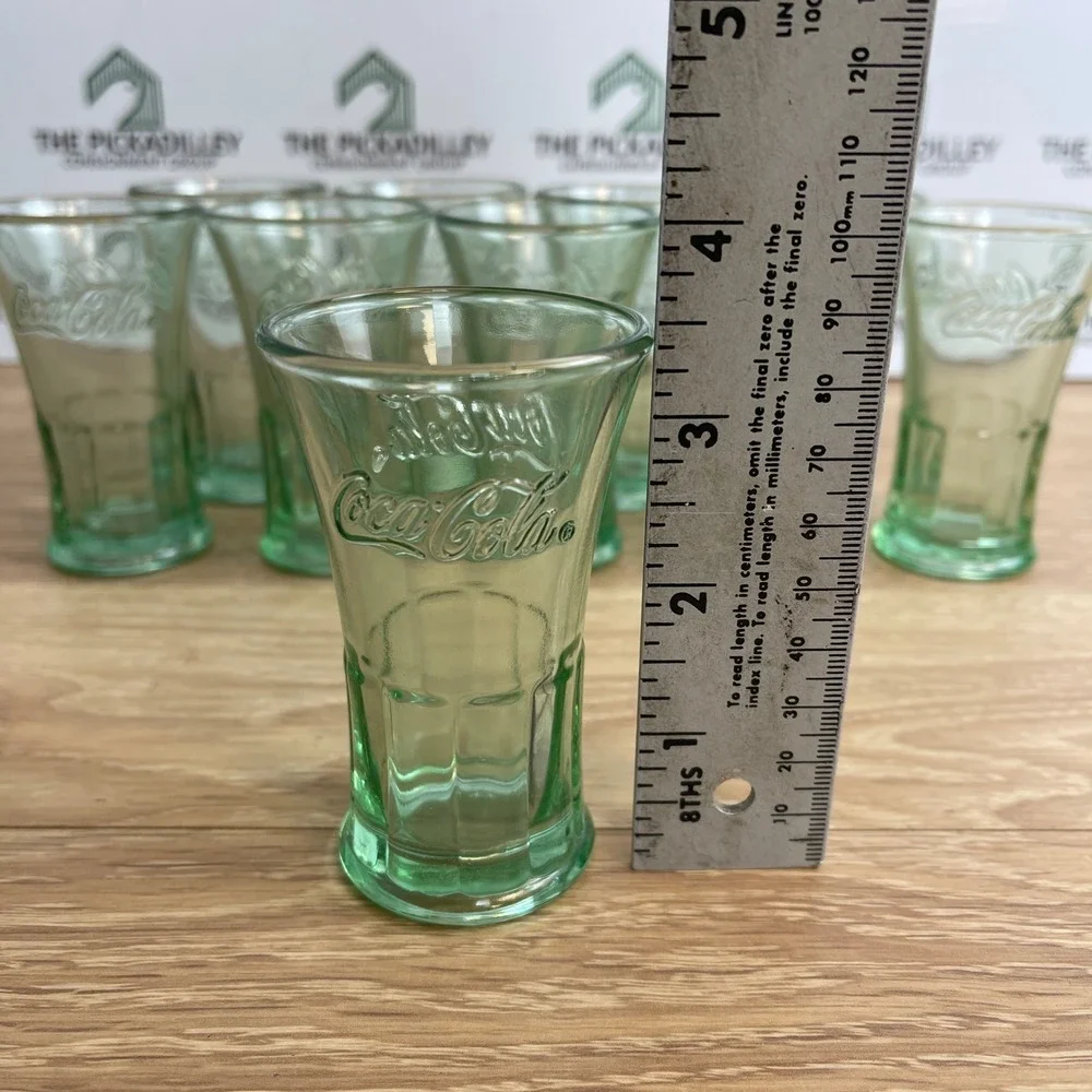 Coca-Cola Georgian Green Glass Shot Glasses Set of 10 Embossed Logo Mexico
